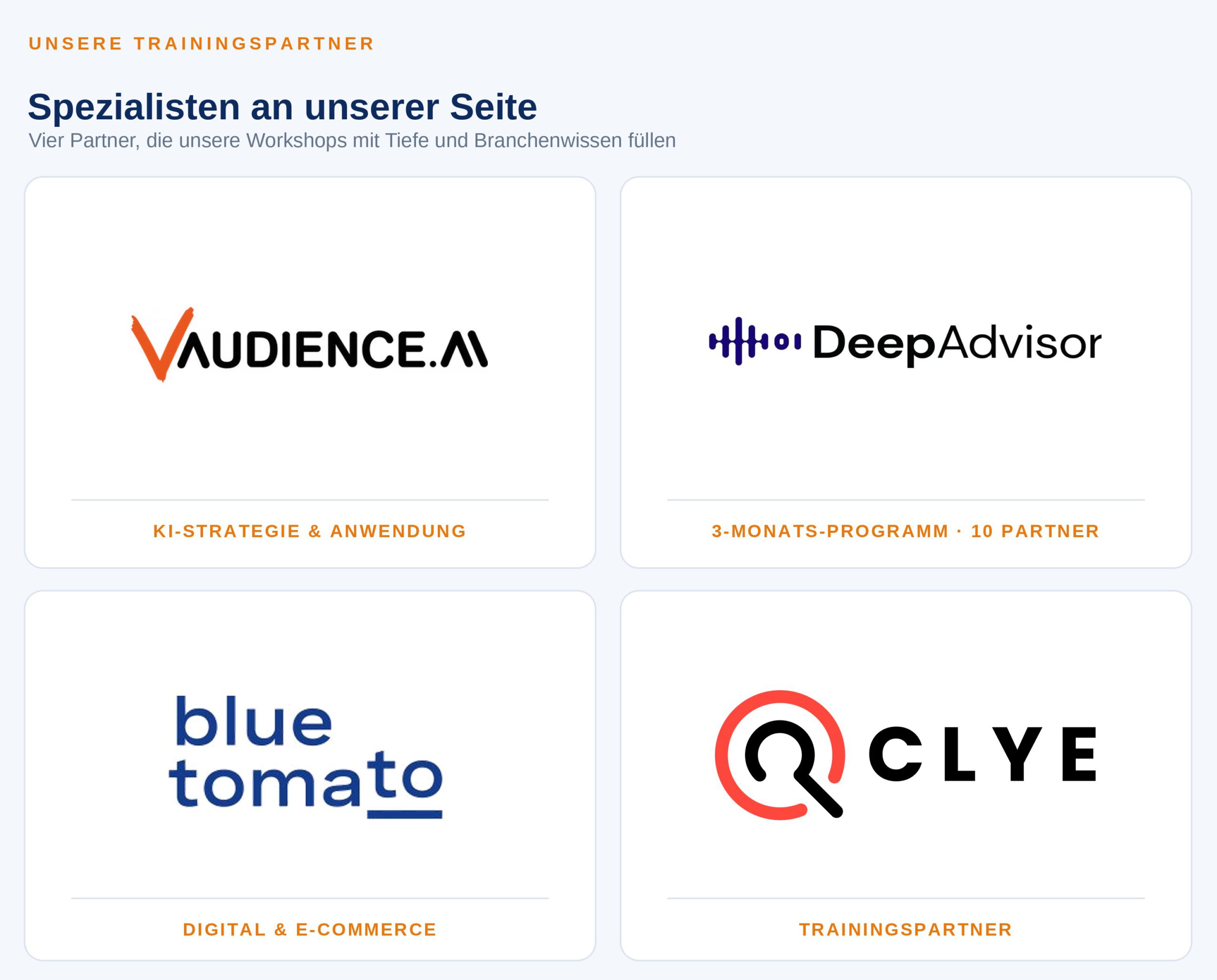 Unsere Trainingspartner: vAudience.AI, DeepAdvisor, blue tomato, CLYE